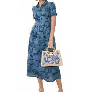 NWT Spartina 449 Maryam Linen Cotton Long Midi Dress Blue Coastal Print Resort
